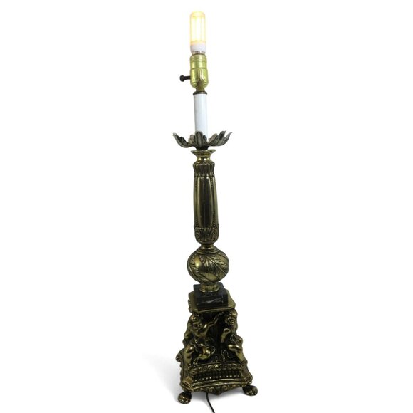 Cherub BRASS Table LAMP With Marble Accents 34" Tall Vintage Gold and Black - Picture 2 of 13
